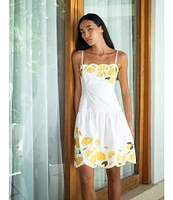COREY LYNN CALTER Destiny Stretch Cotton Lemon Fruit Embroidery Scallop Dress