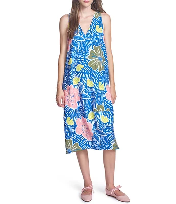 COREY LYNN CALTER Esmerelda Floral Crepe V-Neck Sleeveless Tie Back Dress