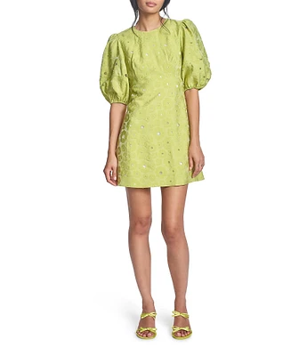 COREY LYNN CALTER Floral Jacquard Metallic Cutout Round Neck Elbow Puff Sleeve Dress