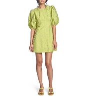 COREY LYNN CALTER Floral Jacquard Metallic Cutout Round Neck Elbow Puff Sleeve Dress