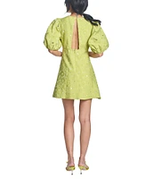 COREY LYNN CALTER Floral Jacquard Metallic Cutout Round Neck Elbow Puff Sleeve Dress