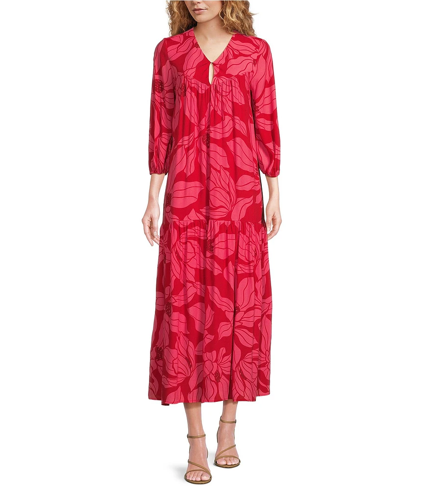 COREY LYNN CALTER Frida Crepe Floral Print Split V-Neck 3/4 Sleeve Drop waist Midi Dress