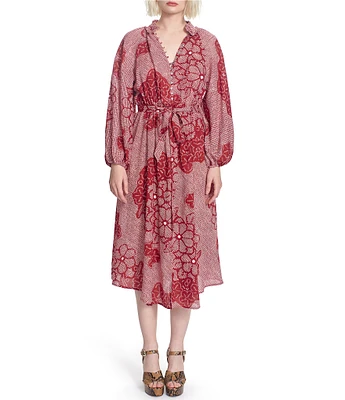 COREY LYNN CALTER Gaia Woven Floral Print Johnny Collar Button Down Long Sleeve Tie Waist Midi Dress