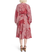 COREY LYNN CALTER Gaia Woven Floral Print Johnny Collar Button Down Long Sleeve Tie Waist Midi Dress