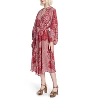 COREY LYNN CALTER Gaia Woven Floral Print Johnny Collar Button Down Long Sleeve Tie Waist Midi Dress