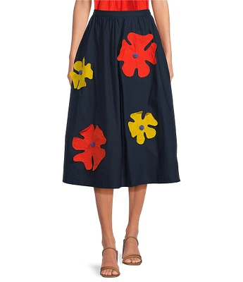 COREY LYNN CALTER Honey Cotton Poplin Applique Flower A-Line Skirt