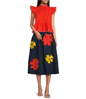 COREY LYNN CALTER Honey Cotton Poplin Applique Flower A-Line Skirt