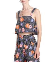 COREY LYNN CALTER Indigo Floral Print Straight Neckline Sleeveless Crop Top