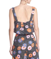 COREY LYNN CALTER Indigo Floral Print Straight Neckline Sleeveless Crop Top