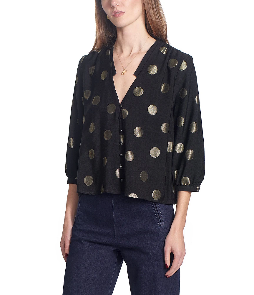 COREY LYNN CALTER Jessina Jacquard Metallic Dot V-Neck Shirt