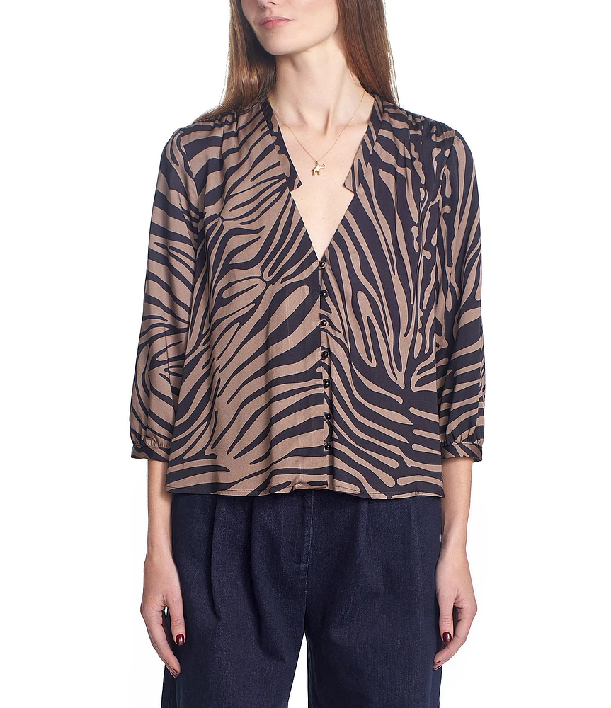 COREY LYNN CALTER Jessina Woven Satin Zebra Print V-Neck 3/4 Sleeve Top