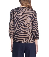 COREY LYNN CALTER Jessina Woven Satin Zebra Print V-Neck 3/4 Sleeve Top