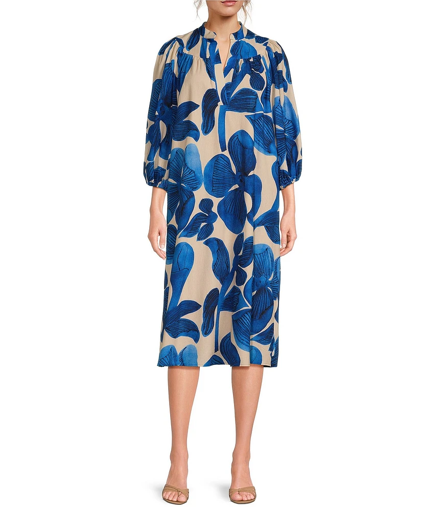 COREY LYNN CALTER Leslie Floral Print Split V-Neck Bracelet Sleeve Midi Dress