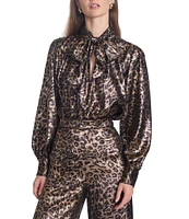 COREY LYNN CALTER Mariposa Metallic Leopard Print Tie Neck Long Sleeve Top