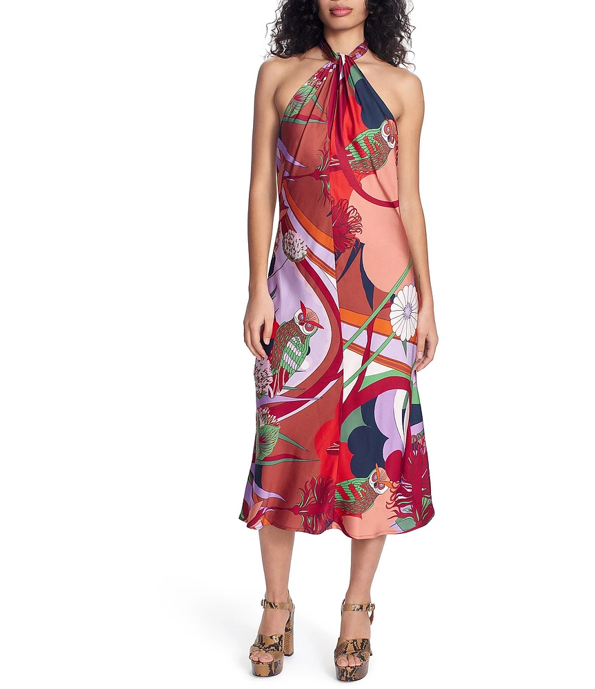 COREY LYNN CALTER Mina Printed Satin Woven Halter Neck Sleeveless Midi A-Line Dress