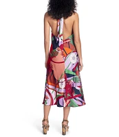 COREY LYNN CALTER Mina Printed Satin Woven Halter Neck Sleeveless Midi A-Line Dress