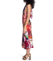 COREY LYNN CALTER Mina Printed Satin Woven Halter Neck Sleeveless Midi A-Line Dress