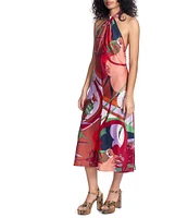 COREY LYNN CALTER Mina Printed Satin Woven Halter Neck Sleeveless Midi A-Line Dress