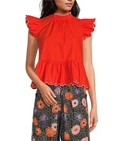 COREY LYNN CALTER Misty Poplin High Neck Cap Ruffle Sleeve Embroidered Top