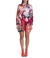 COREY LYNN CALTER Murphy Printed Satin Point Collar Long Sleeve Button Front Shirt Dress