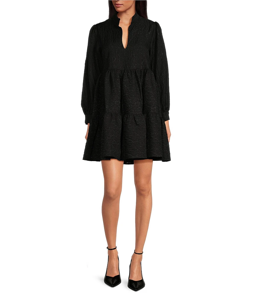 COREY LYNN CALTER Natalia Textured Jacquard Long Sleeve Tiered Dress