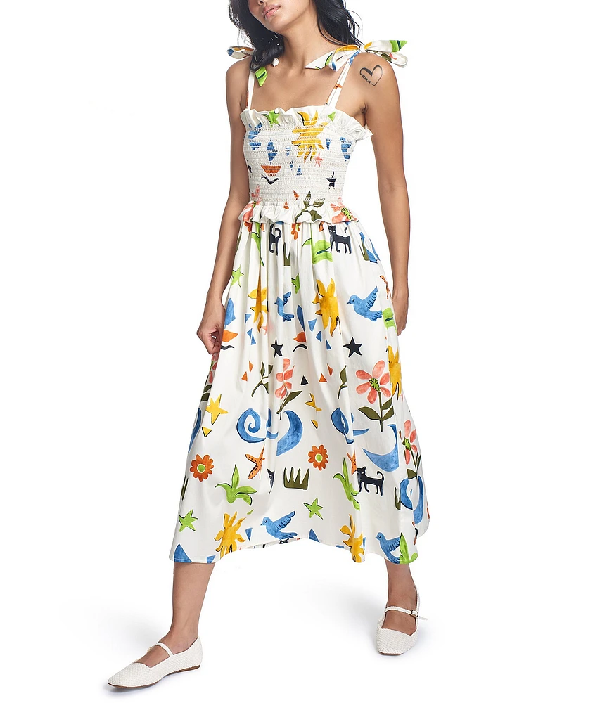 COREY LYNN CALTER Olivia Printed Stretch Cotton Square Neck Tie Shoulder Sleeveless Midi Dress