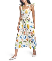 COREY LYNN CALTER Olivia Printed Stretch Cotton Square Neck Tie Shoulder Sleeveless Midi Dress