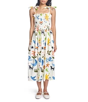 COREY LYNN CALTER Olivia Printed Stretch Cotton Square Neck Tie Shoulder Sleeveless Midi Dress