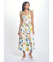 COREY LYNN CALTER Olivia Printed Stretch Cotton Square Neck Tie Shoulder Sleeveless Midi Dress