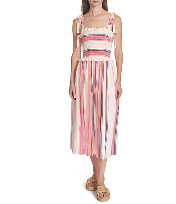 COREY LYNN CALTER Olivia Stripe Smocked Square Neck Tie Strap Midi Dress