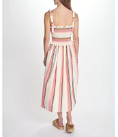 COREY LYNN CALTER Olivia Stripe Smocked Square Neck Tie Strap Midi Dress