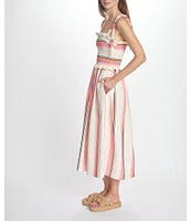 COREY LYNN CALTER Olivia Stripe Smocked Square Neck Tie Strap Midi Dress
