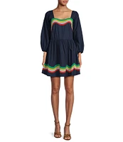 COREY LYNN CALTER Ophelia Poplin Square Neck 3/4 Sleeve Wave Embroidered Mini A-Line Dress