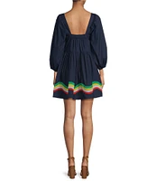 COREY LYNN CALTER Ophelia Poplin Square Neck 3/4 Sleeve Wave Embroidered Mini A-Line Dress