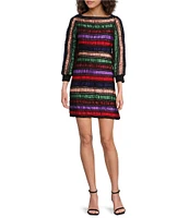 COREY LYNN CALTER Orion Woven Stripe Pattern Boat Neck Long Sleeve Shift Dress