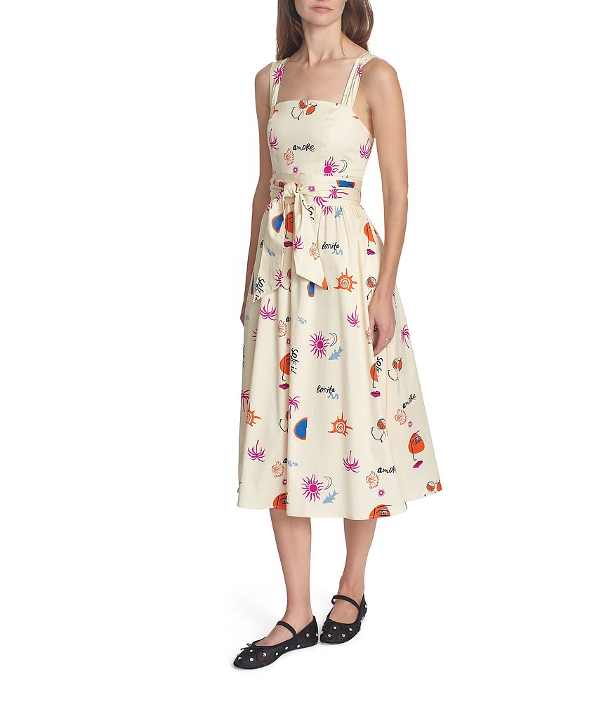 COREY LYNN CALTER Paisley Convo Print Square Neck Sleeveless Tie Waist Midi Dress
