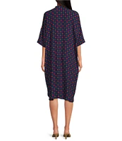 COREY LYNN CALTER Peony Crepe Dot Print Nehru Collar 3/4 Sleeves Button Front Shift Dress