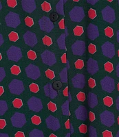 COREY LYNN CALTER Peony Crepe Dot Print Nehru Collar 3/4 Sleeves Button Front Shift Dress