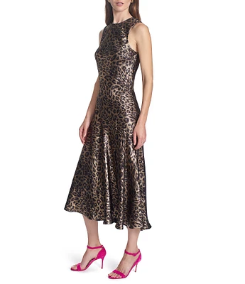 COREY LYNN CALTER Pilar Metallic Leopard Print Round Neck Sleeveless Midi Dress