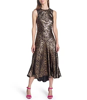 COREY LYNN CALTER Pilar Metallic Leopard Print Round Neck Sleeveless Midi Dress