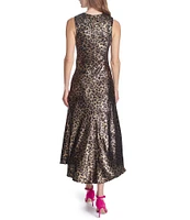 COREY LYNN CALTER Pilar Metallic Leopard Print Round Neck Sleeveless Midi Dress