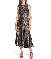 COREY LYNN CALTER Pilar Metallic Leopard Print Round Neck Sleeveless Midi Dress