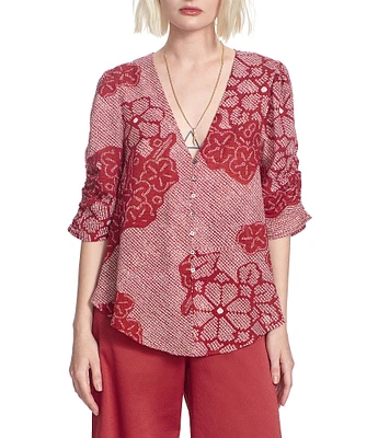 COREY LYNN CALTER Pilar Woven Floral Print V-Neck 3/4 Sleeve Top