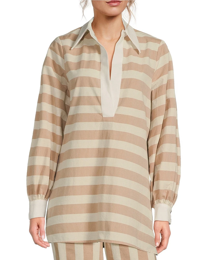 COREY LYNN CALTER Shadi Woven Stripe Print Split Collar V-Neck Long Sleeve Shirt