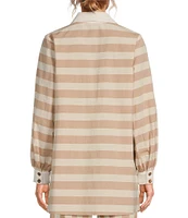 COREY LYNN CALTER Shadi Woven Stripe Print Split Collar V-Neck Long Sleeve Shirt