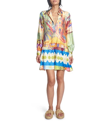 COREY LYNN CALTER Sybil Printed Satin Collar V-Neck Long Sleeve Dress