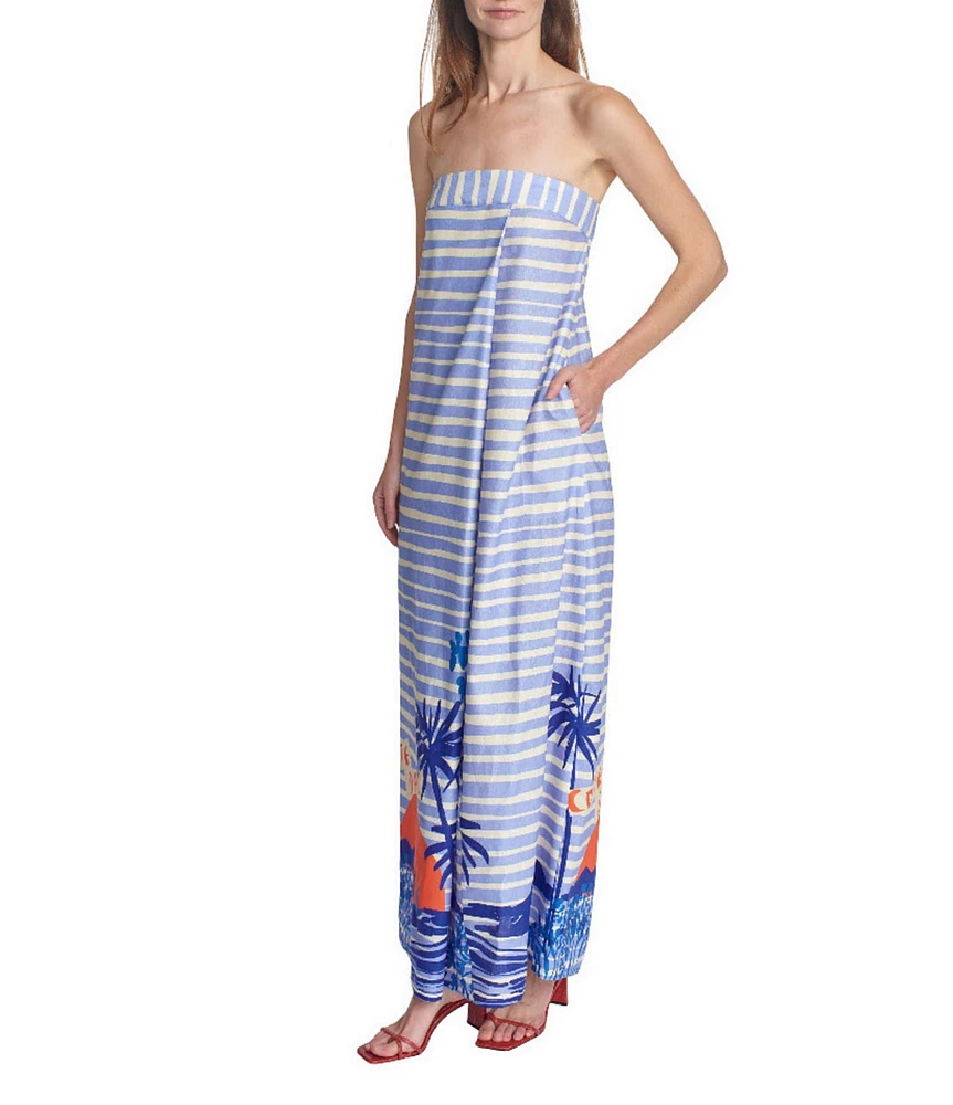 COREY LYNN CALTER Thalia Scenic Print Linen Blend Pintuck Strapless Sleeveless Maxi Dress