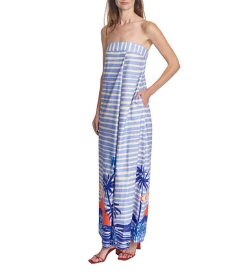 COREY LYNN CALTER Thalia Scenic Print Linen Blend Pintuck Strapless Sleeveless Maxi Dress