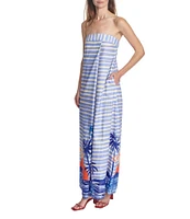 COREY LYNN CALTER Thalia Scenic Print Linen Blend Pintuck Strapless Sleeveless Maxi Dress