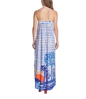 COREY LYNN CALTER Thalia Scenic Print Linen Blend Pintuck Strapless Sleeveless Maxi Dress